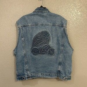 Vintage Tyca Denim Embossed Eagle Motorcycle Vest Waistcoat Harley Biker USA XL